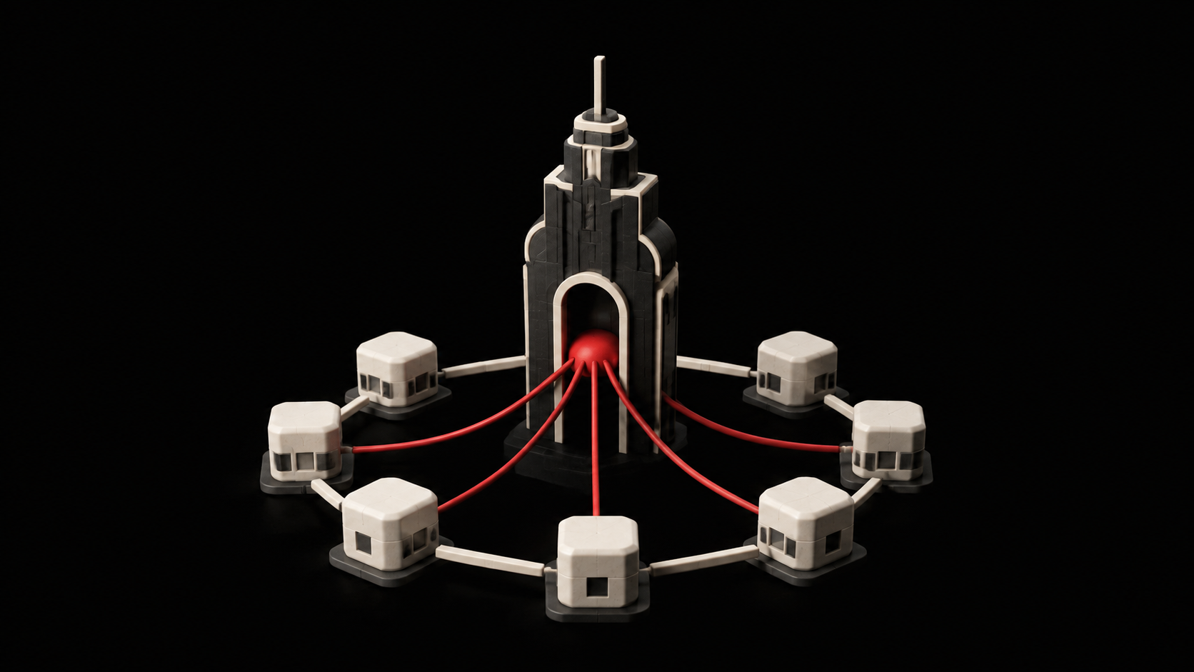 A dark central tower connects through red cables to a surrounding ring of linked ivory blocks.
