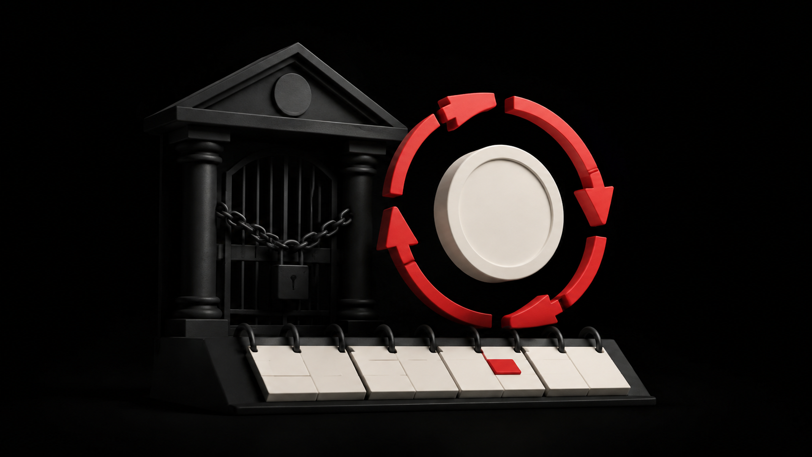 Red circular arrows surround an ivory token beside a locked exchange building and a segmented calendar.
