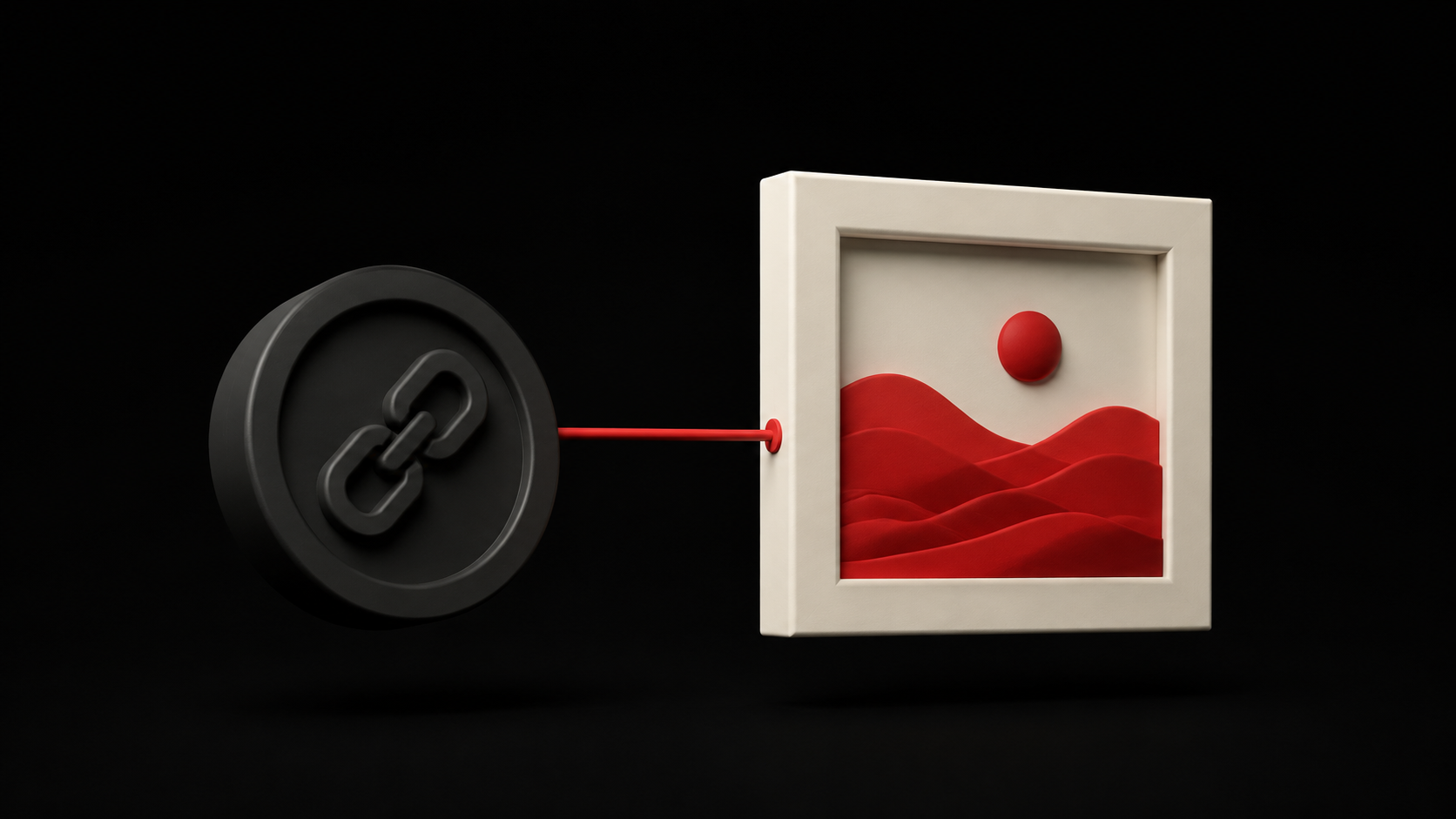 A dark token bearing a chain symbol connects by a red line to a separate frame containing a red landscape.