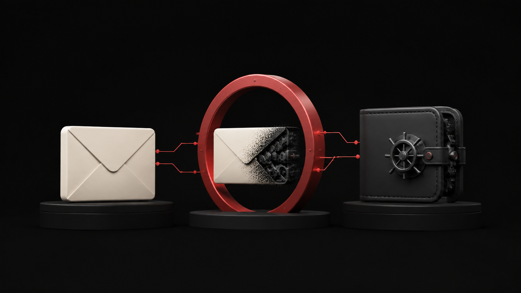 An ivory envelope transforms through a red gateway into a dark wallet with a vault-style lock.