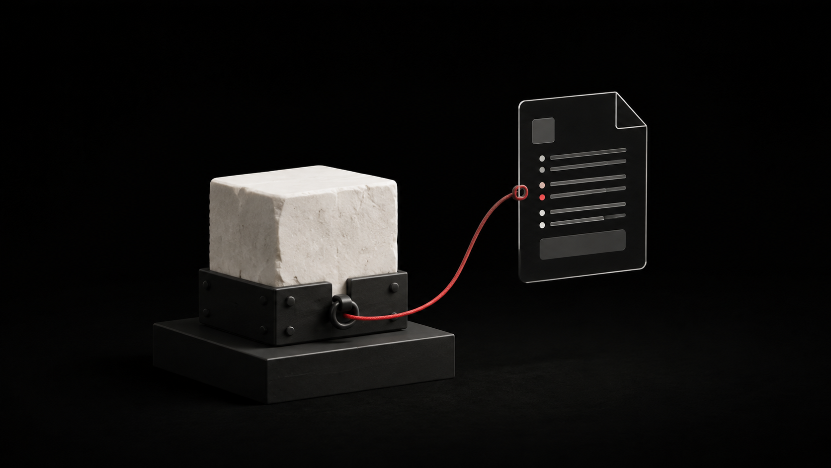 A solid ivory block secured to a black base connects by a red cord to a floating translucent document.
