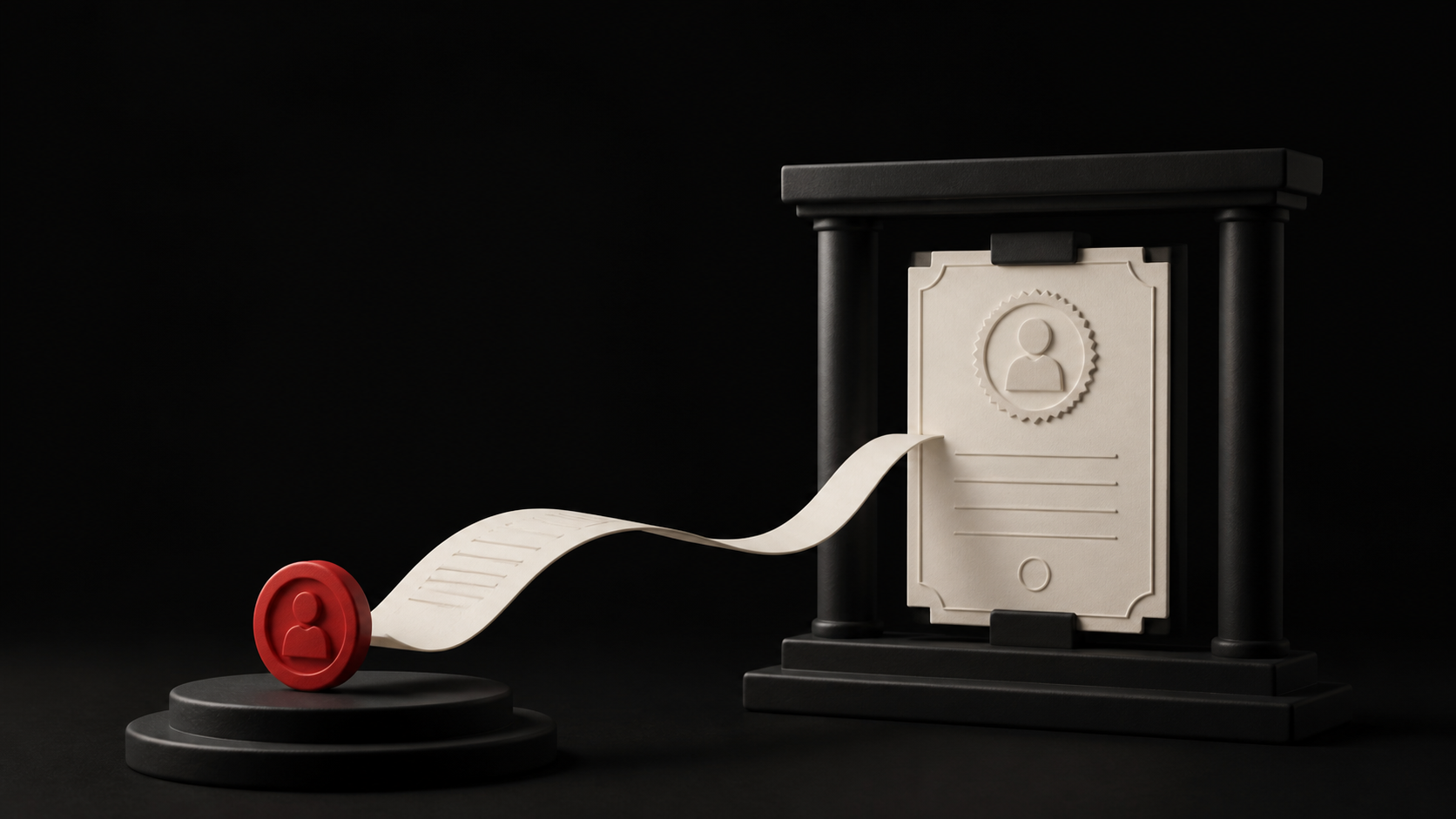 A red token connects by a flowing paper ribbon to an ivory certificate held inside a dark frame.