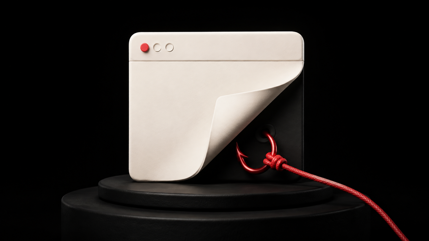 The ivory surface of a browser window peels back to reveal a concealed red hook and tether.