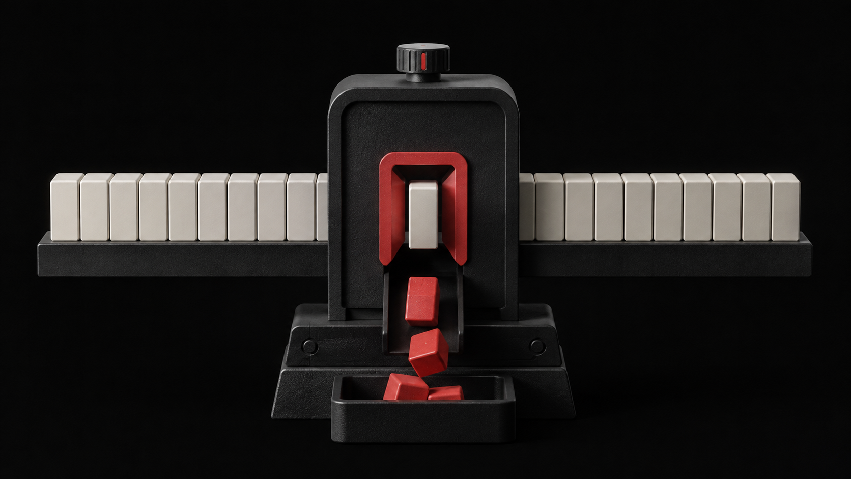 Ivory blocks pass through a dark processing gate while red blocks drop into a collection tray below.